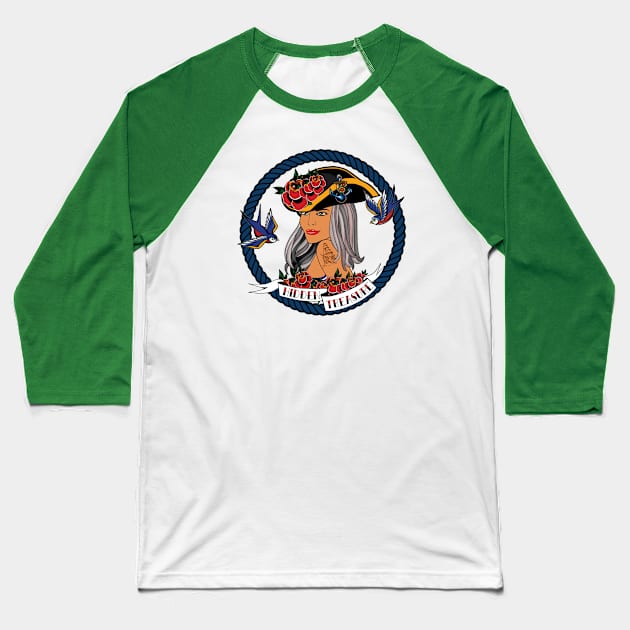 Pirate Girl Hidden Treasure Baseball T-Shirt by Abandoned Ink